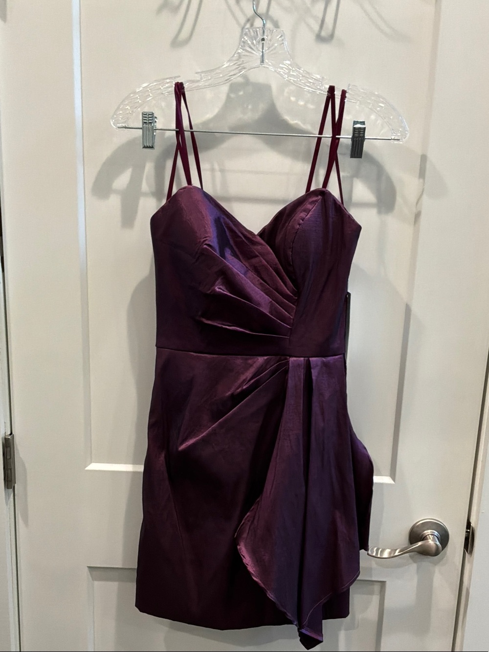 Faviana New York Size 6 NWT Plum Satin Mini Dress Draped Accent Back Zip Reg 395
